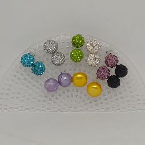 Sparkle CZ Crystal Round Disco Glitter Ball Multicolor Stud Earrings Lot Of 8